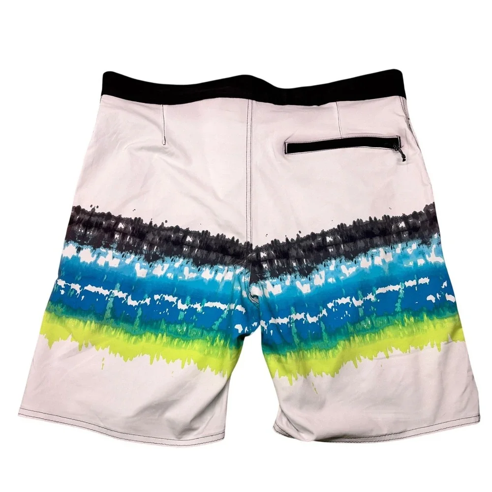 Burnside‎ Board Shorts Men 32 White Blue Tie Dye Stripe Stretch Swim Trunks NWT